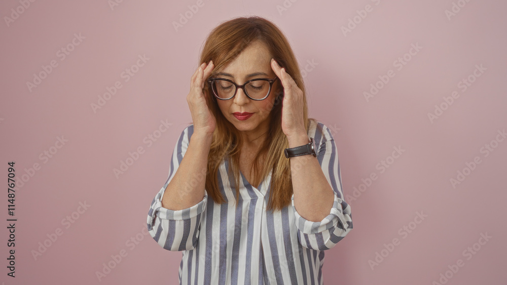 Beautiful elderly blonde woman in glasses and striped shirt with hands touching head over pink background Beautiful elderly blonde woman in glasses and striped shirt with hands touching head over pink background
