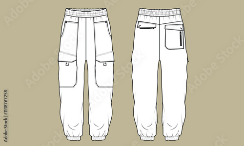 Men's Technical Fashion Flat sketch of cargo jogger pants, showing pockets and seams for design purposes. front and back view.