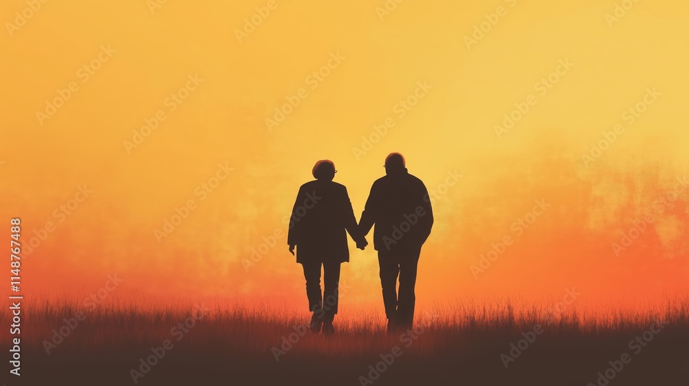 Silhouette of an elderly couple walking hand in hand at sunset, surrounded by warm tones and a peaceful atmosphere. Silhouette of an elderly couple walking hand in hand at sunset, surrounded by warm tones and a peaceful atmosphere.