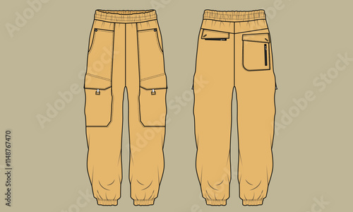  Men's Technical Fashion Flat sketch of cargo jogger pants template illustration . front and back view.