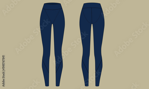 Illustration navy blue flat sketch of women's leggings front and back views. Template of elastic purple pants for fitness, yoga, cycling.
