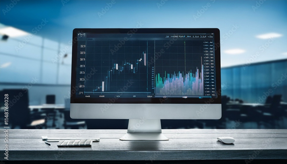 Trading monitor with high resolution stock chart screen showing various technical indicators and candlestick patterns Trading monitor with high resolution stock chart screen showing various technical indicators and candlestick patterns