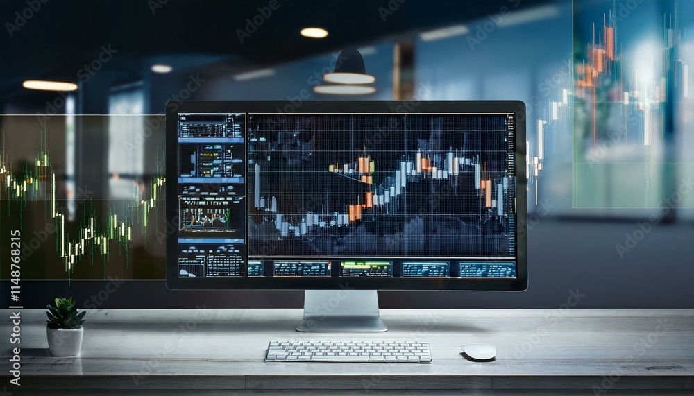 Fototapeta premium Trading monitor with high resolution stock chart screen showing various technical indicators and candlestick patterns