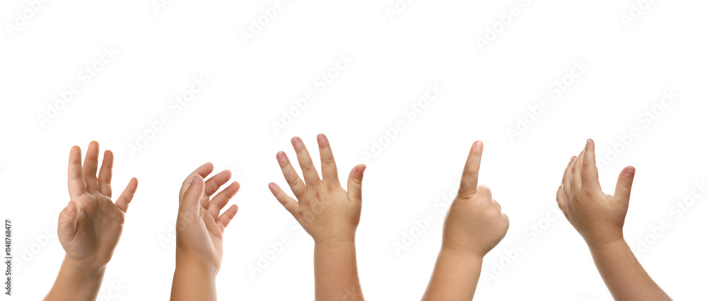 Kids showing hands on white background, closeup Kids showing hands on white background, closeup