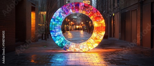 Vibrant Glass Bottle Art Installation Illuminating Urban Alleyway at Night photo