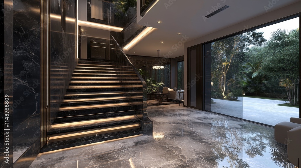 Fototapeta premium Elegant modern interior featuring a staircase and large windows with outdoor views.