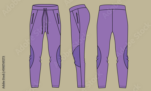  Illustration flat sketch of women's leggings front and back views. Template of elastic purple pants for fitness, yoga, cycling.