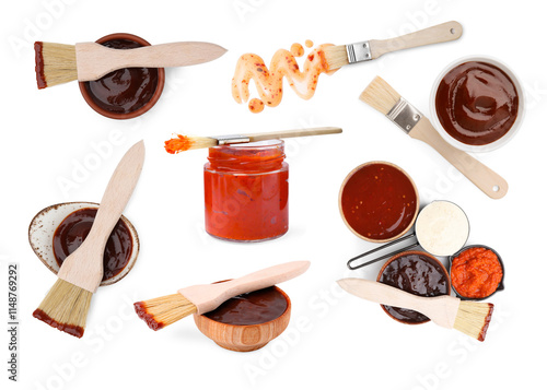 Vászonkép Marinade and basting brushes isolated on white, collage
