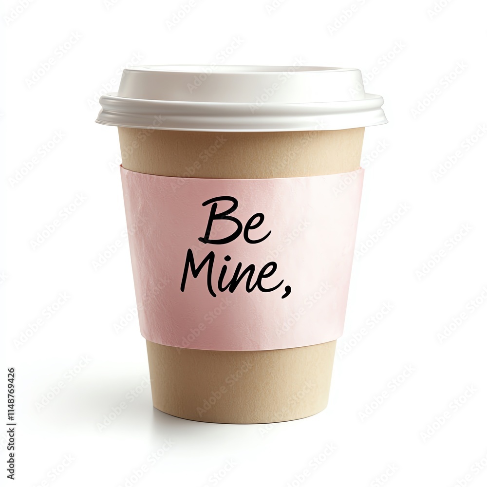 A stylish coffee cup with a pink sleeve, featuring the phrase 'Be Mine,' perfect for romantic occasions or coffee lovers White isolated background.