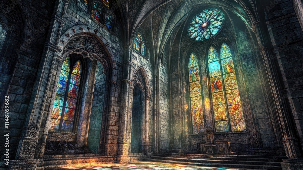 Fototapeta premium Gothic church interior with stained glass windows, stone walls, and soft light.