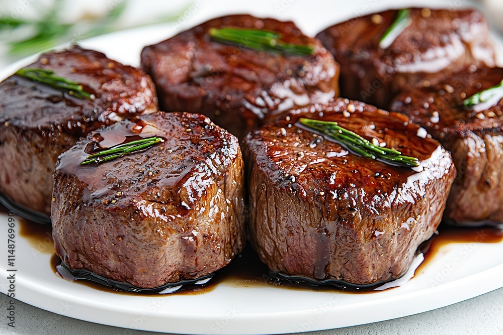 Tenderloin offers tender beef meat. Juicy beef fillets garnished with herbs on a white plate. Tenderloin offers tender beef meat. Juicy beef fillets garnished with herbs on a white plate.
