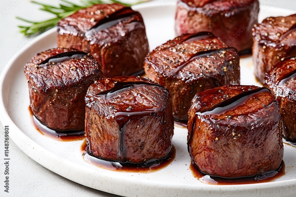 Tenderloin offers tender beef meat. Grilled beef tenderloin medallions on a plate with sauce. Tenderloin offers tender beef meat. Grilled beef tenderloin medallions on a plate with sauce.