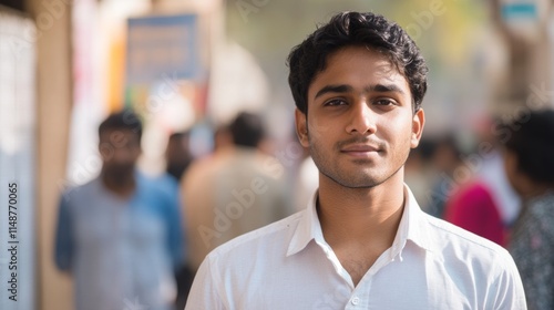 Young Indian Man in Line for Public Service Exam Registration with Blurred Office Backdrop