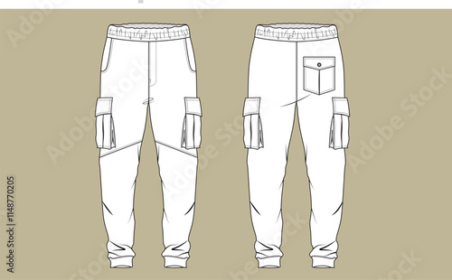 Fashion Flat sketch of cargo jogger pants vector template illustration. front and back view.