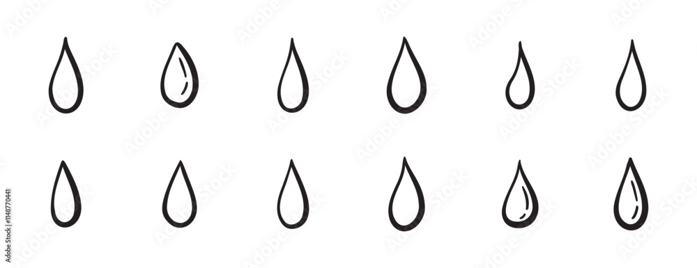 Doodle water drops hand drawn outline different shapes. sketch vector illustration of droplets. Outline tears Doodle water drops hand drawn outline different shapes. sketch vector illustration of droplets. Outline tears