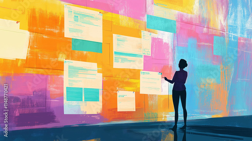 Web designer reviewing wireframes on colorful wall, brainstorming digital interface design and optimizing user experience layout