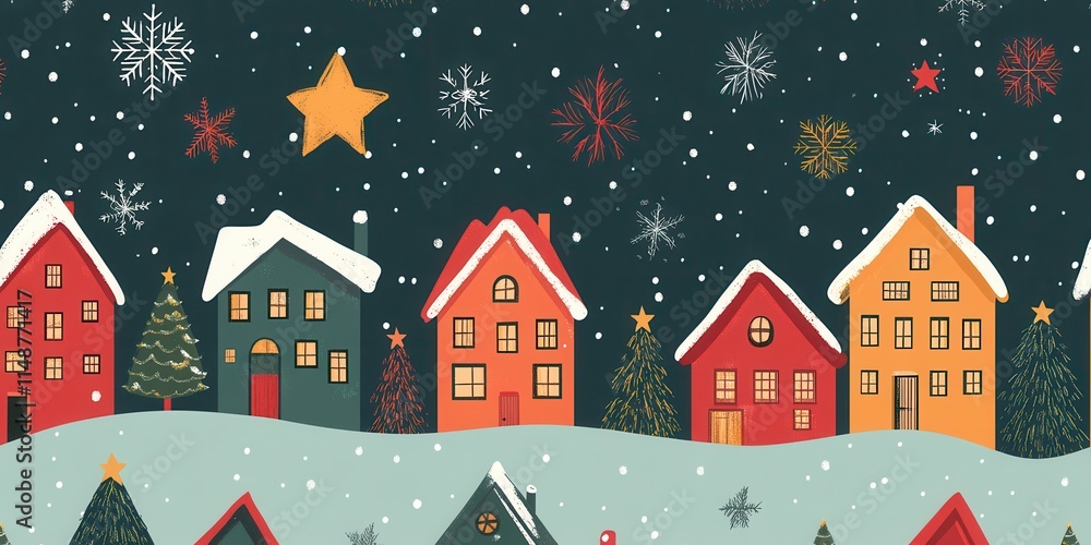 Charming Christmas seamless pattern with snowy houses and festive trees on a dark background Charming Christmas seamless pattern with snowy houses and festive trees on a dark background
