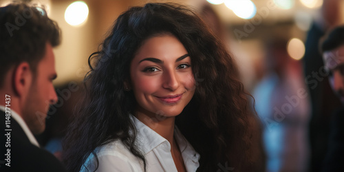 portrait of a teen businesswoman in night function with smile face and curly hair blur background  photo