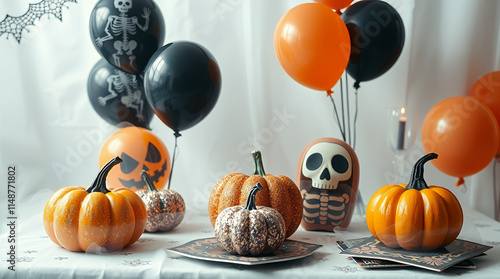 Halloween decorations: orange and black balloons, pumpkins, and a small skull figurine photo