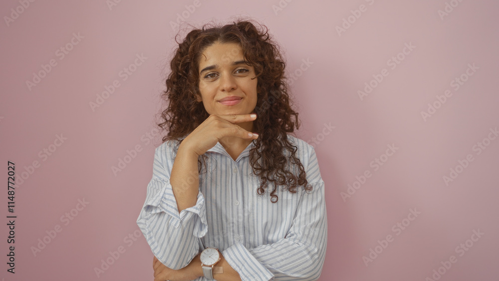 Obraz premium Young woman with brunette hair poses confidently against an isolated pink background, showcasing her natural beauty and relaxed style in a casual striped shirt