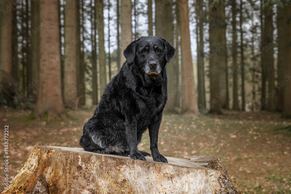 Black Labrador Retriever at Virginia Water on a tree stump in the forest Black Labrador Retriever at Virginia Water on a tree stump in the forest