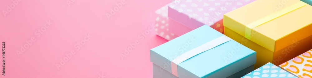 Colorful Collectible Boxes on Vibrant Magenta Surface - Playful and Mysterious Design Colorful Collectible Boxes on Vibrant Magenta Surface - Playful and Mysterious Design