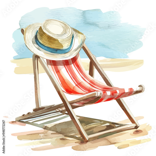 A watercolor of a summer hat resting on a beach chair, isolated on a white background. Summer hat vector.
