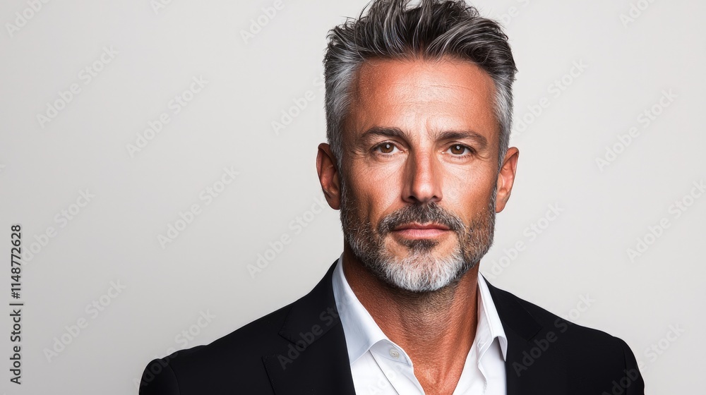 Portrait of a serious, middle-aged man with graying hair and beard, wearing a suit. Portrait of a serious, middle-aged man with graying hair and beard, wearing a suit.