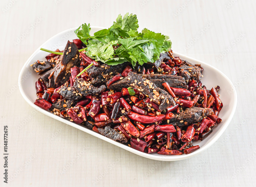 Sichuan Style Spicy Beef Jerky Tenders with red chilli and sesame seeds served in tray dish isolated on white background side view of hong kong food Sichuan Style Spicy Beef Jerky Tenders with red chilli and sesame seeds served in tray dish isolated on white background side view of hong kong food
