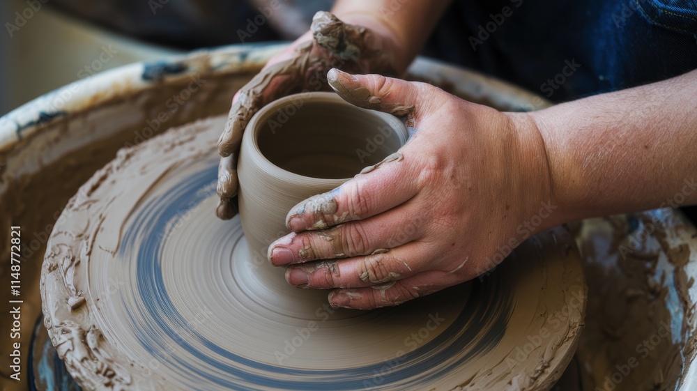 The hands of a potter who does the work of making a homemade clay bowl. Space for the text. The hands of a potter who does the work of making a homemade clay bowl. Space for the text.