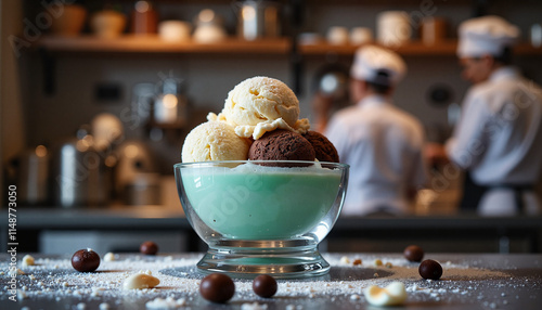 Artisan ice cream in glass dome at gourmet kitchen.