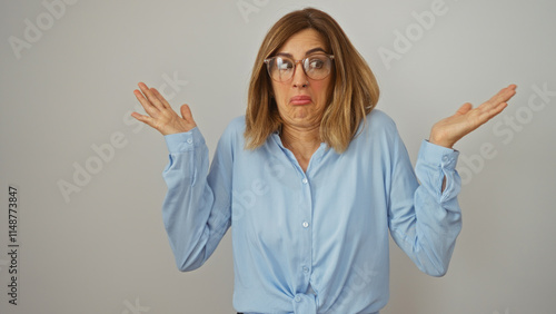 Obraz na płótnie Woman shrugging with confused expression, wearing glasses, blue shirt, isolated