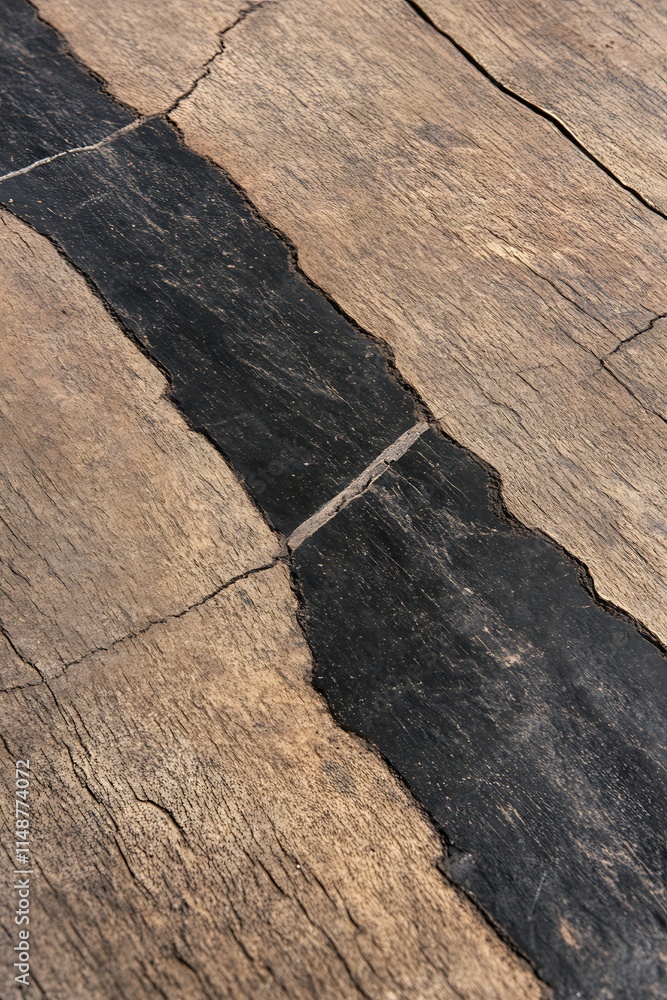 A close-up view of a textured wooden surface with dark fissures. A close-up view of a textured wooden surface with dark fissures.