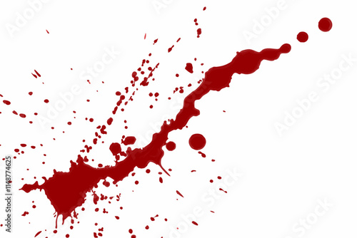 blood splatter, crimson, stark white background, high contrast, speckles, drips, splatters, abstract, visceral, dynamic, macabre, forensic, violence implied, horizontal composition, liquid texture, vi