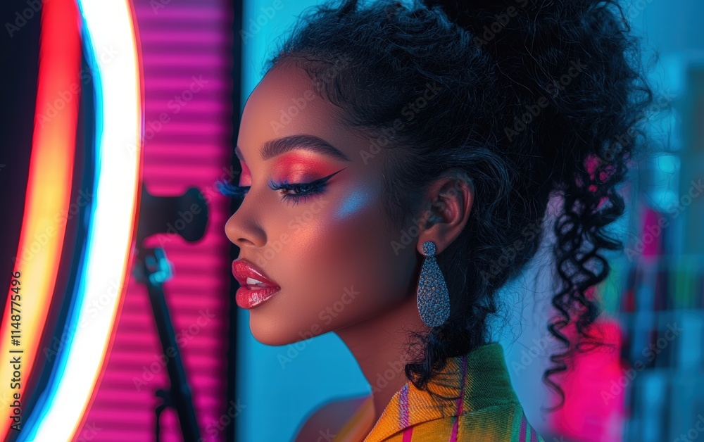 Fototapeta premium A beauty influencer with a colorful makeup palette and ring light setup
