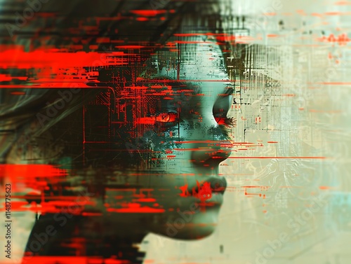 Digital art portrait of a distorted face abstract environment artistic concept technology influence photo