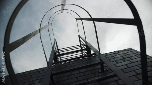 Metal ladder on a brick wall leading upward