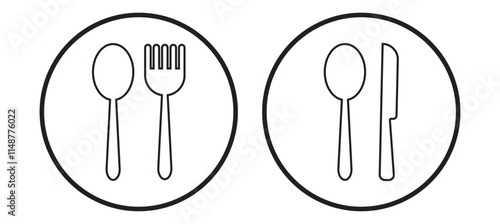 Fork, knife, plate and spoon. Menu symbol. Restaurant icon. Food, plate, fork, knife, spoon, cutlery icon set. Vector