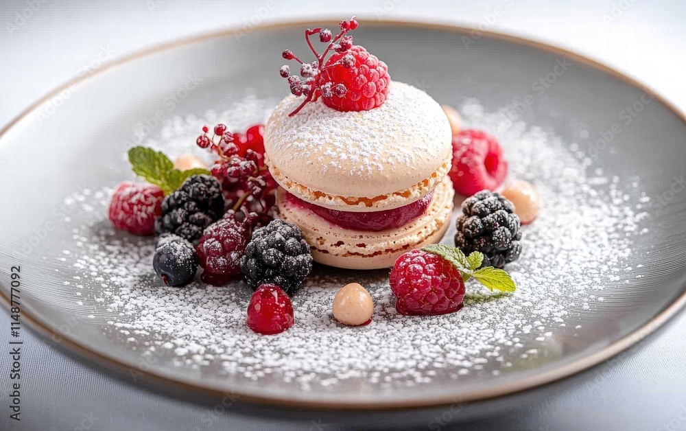 A dessert plate with macarons, berries, and a touch of powdered sugar. A dessert plate with macarons, berries, and a touch of powdered sugar.