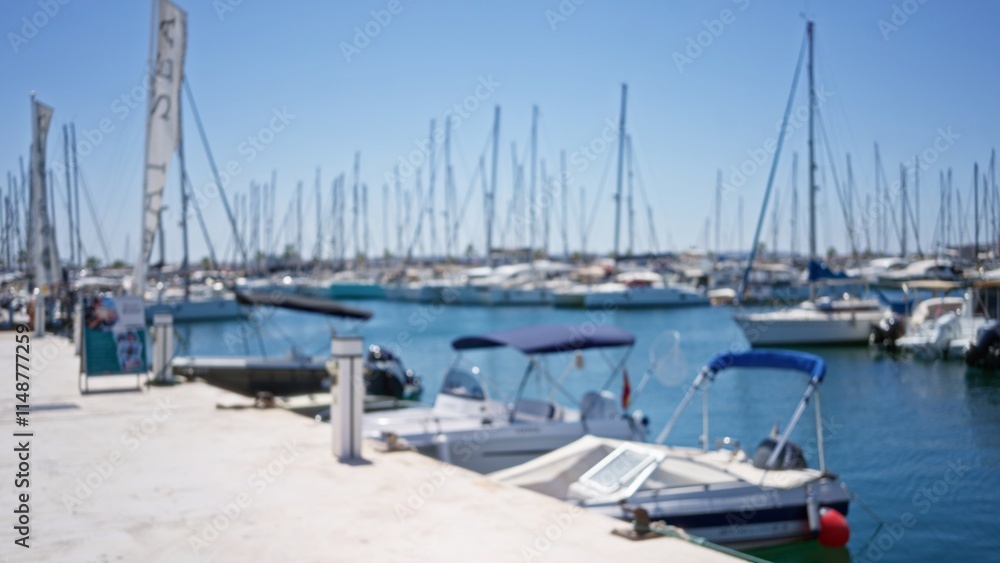 Fototapeta premium Boats docked along a sunny, blurred harbor pier with defocused masts and blue water under a clear sky