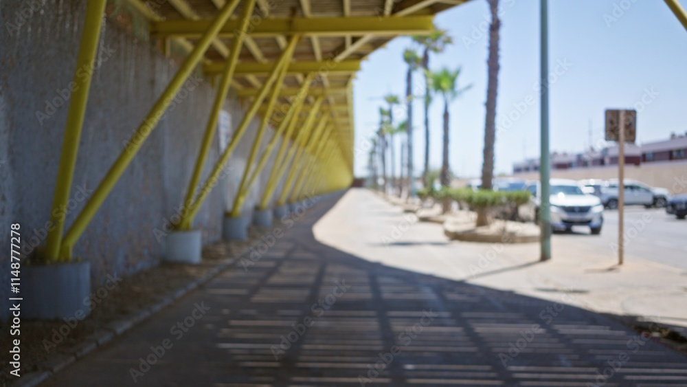 Blurred view of an outdoor pathway with yellow structural beams, palm trees, and parked cars. Blurred view of an outdoor pathway with yellow structural beams, palm trees, and parked cars.