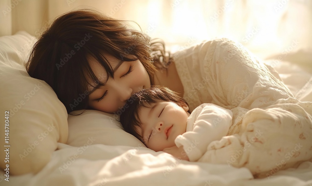 A serene moment of a mother and child peacefully sleeping together. A serene moment of a mother and child peacefully sleeping together.