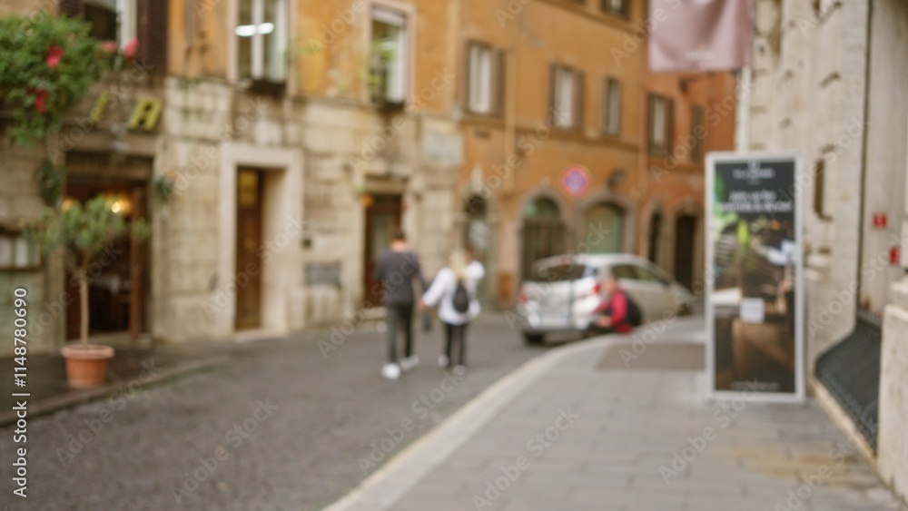 Couple walking through defocused street in old town rome italy with blurred buildings and out of focus pedestrians creating a dreamy bokeh effect outdoors Couple walking through defocused street in old town rome italy with blurred buildings and out of focus pedestrians creating a dreamy bokeh effect outdoors