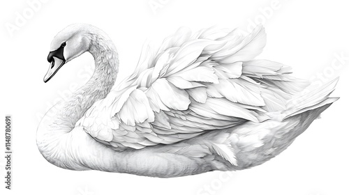 Elegant white swan illustration, detailed feathers, side profile, isolated on white background. photo