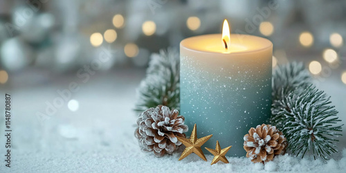 Christmas Candle with natural decoration - Advent - Christmas and New Year Greeting Card, Banner, Panorama, Happy new year