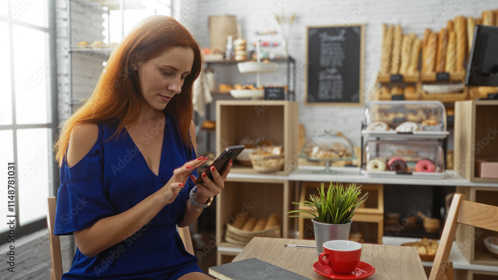 Young woman with red hair in a blue dress uses her smartphone while sitting indoors at a bakery surrounded by bread and pastries. Young woman with red hair in a blue dress uses her smartphone while sitting indoors at a bakery surrounded by bread and pastries.
