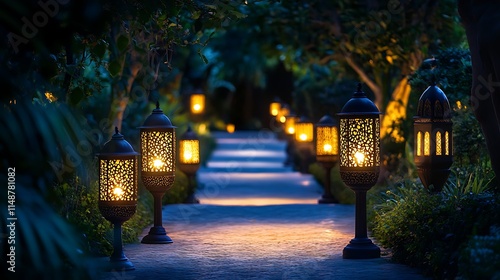 Illuminated Pathway With Ornate Lanterns At Night