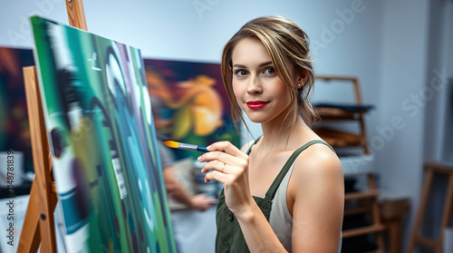 woman painting a portrait on a canvas easel in an art studio photo