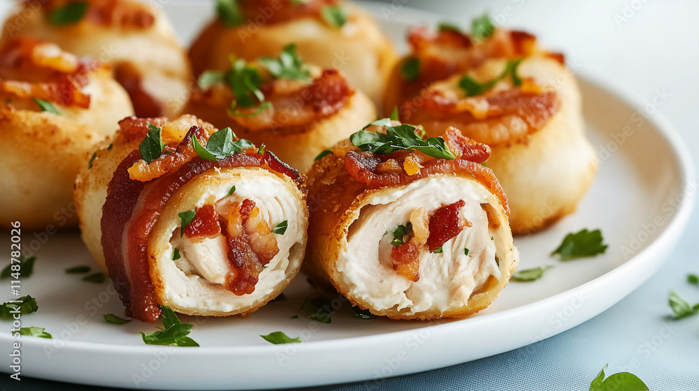 A plate of food with a piece of bacon and a piece of chicken A plate of food with a piece of bacon and a piece of chicken