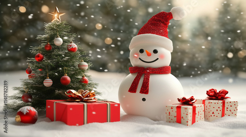 Snowman, Christmas tree, and gift box in a snowy scene, with open space for captions-3